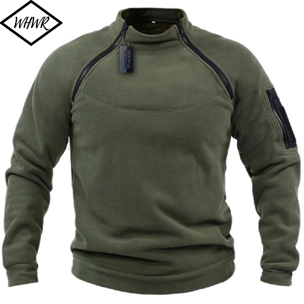 Winter Men's Standing Collar Fleece Pullover Solid Color Tactical Outdoor Jacket Hunting Clothes Zippers Windproof Thicken Coat