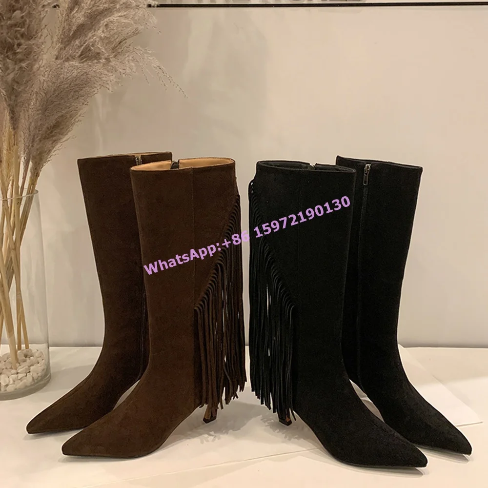 

Fringe Sexy Knee High Boots Suede Pointy Toe Kitten Heels Side Zipper Boots Women's Sexy Winter Concise Street Style Boots 2025