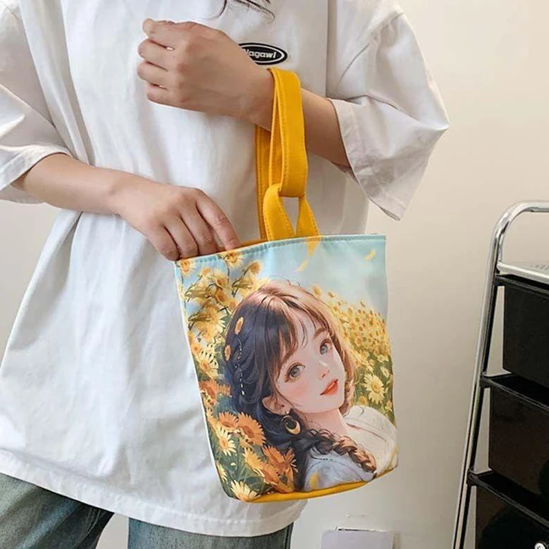 Borsa alla moda e leggera secchio di tela bella borsa da ragazza carina borsa Bento tenuta in mano