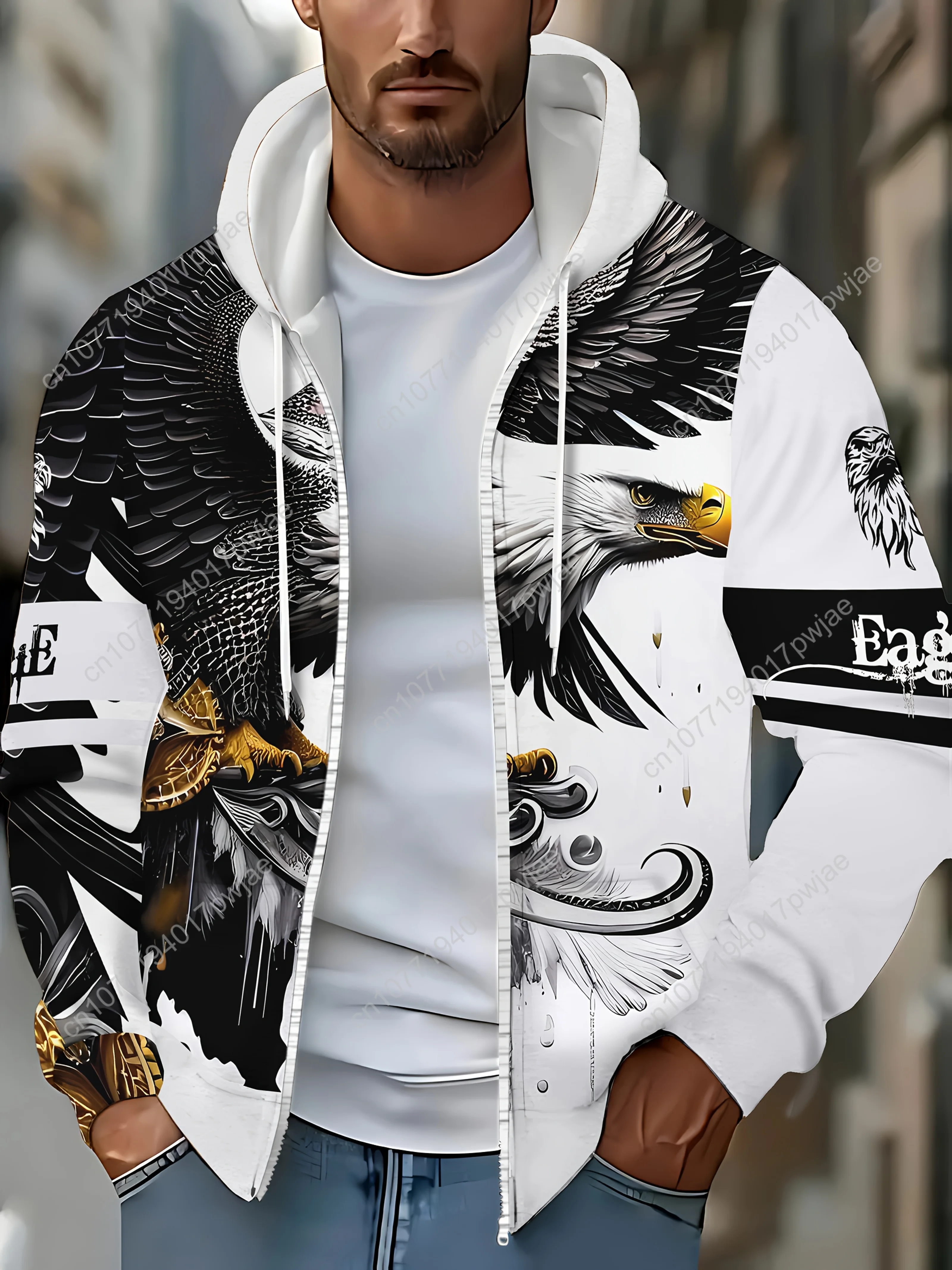 Moletom casual masculino com capuz com estampa Eagle & "Baseball", jaqueta de manga comprida com zíper e cordão e bolsos, preto e branco