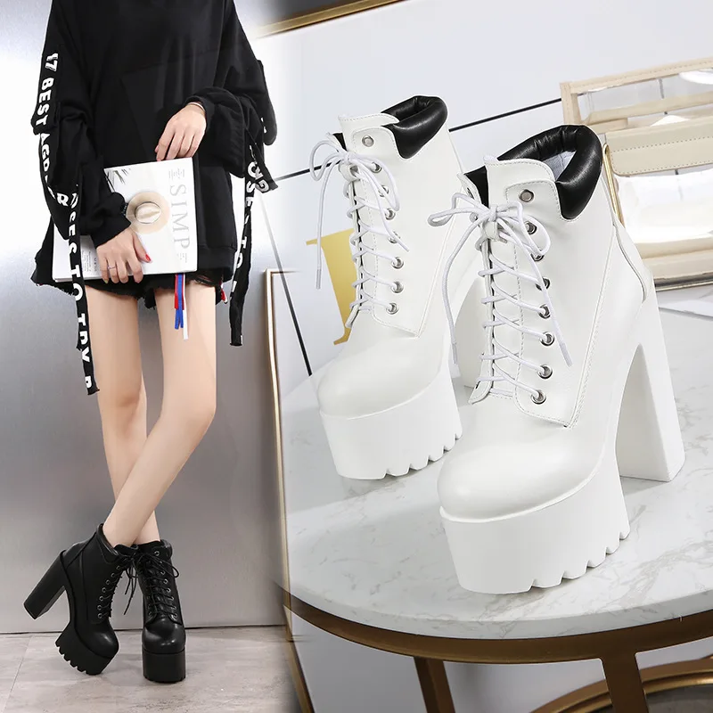 2024 New Women Black White Ankle Boots 14cm Super High Heels Square Heels Boots Zip Rivet Insole Sexy Women Boots