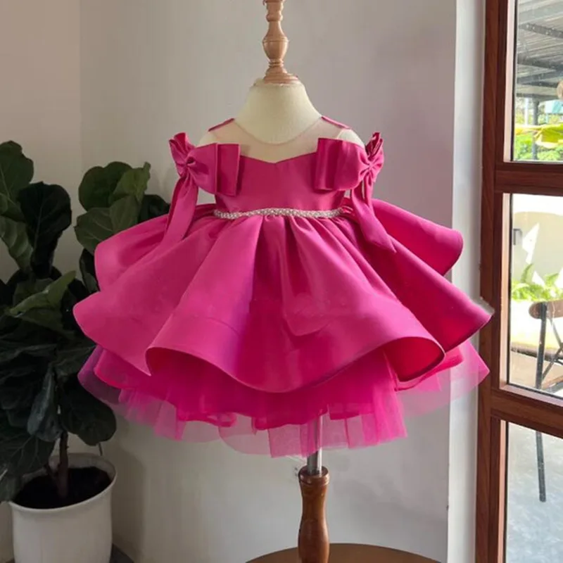 European American Gorgeous Birthday Party Ball flower girl Rose red princess tutu dress Satin Bow knot wedding communion dress