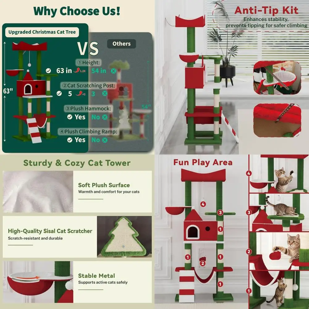

63 Xmas Cat Tower: Sleek Indoor Condo with Scratching Post, Hammock & Decorative Spaces