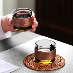 GIANXI Glass Tea Cup Chinese Vintage Home Wood Ring Ironing Cup High Borosilicate Glass Easy Clean Puer Kung Fu Tea Set