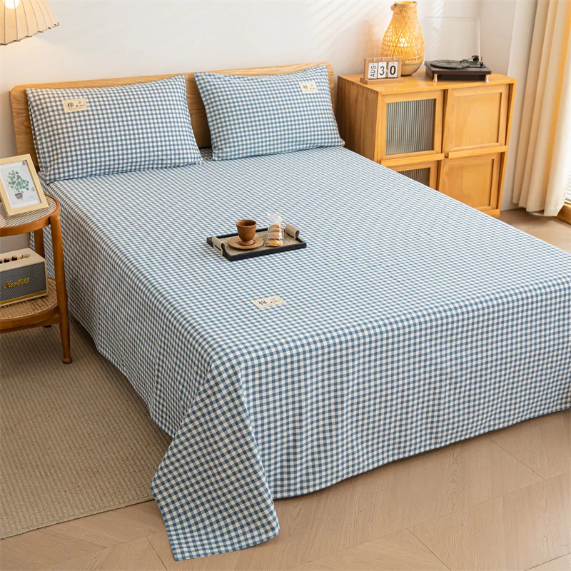 Blue and White Grid Geometry Cotton Flat Sheet Geometric Bed Sheets Modern Style Bedding Sheet 3pcs Sheets with 2 Pillowcases