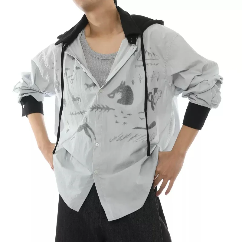 

New Style Drape Retro Art Printing Fake Two Pieces Daily Splicing Hooded Long Sleeve Shirt Cool Fashionable For Man