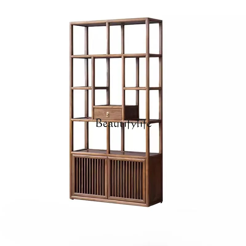 New Chinese Style Black Walnut Antique Shelf American Retro Solid Wood Shelf Zen Home Bookshelf