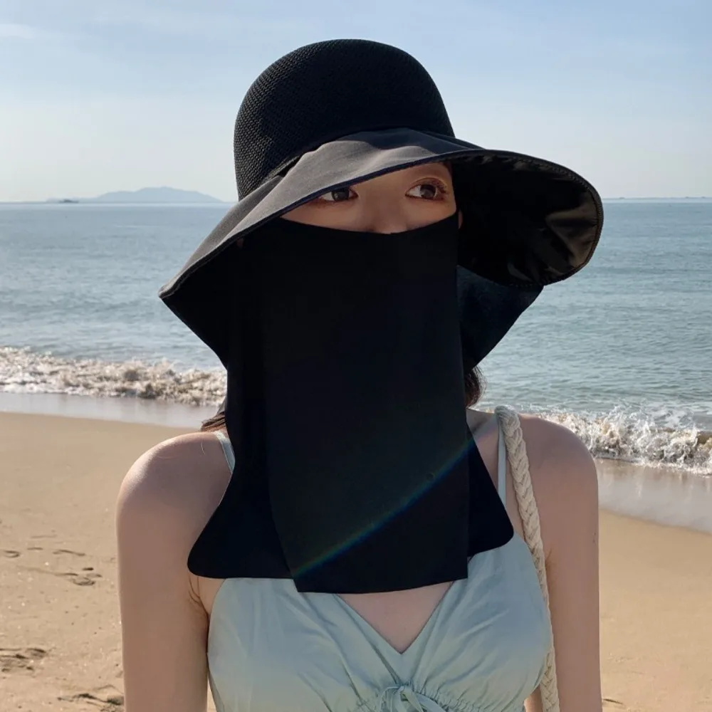 جديد تنفس قبعة الشاطئ المضادة للأشعة فوق البنفسجية حماية الرقبة شال دلو قبعة الجليد شبكة حرير قناع قبعة النساء