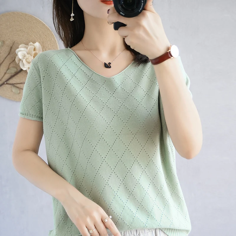 Summer V-Neck Hollow 100% Cotton Knitted Short Sleeve Solid Color Loose Fashionable T-Shirt Comfortable Skin-Friendly Top