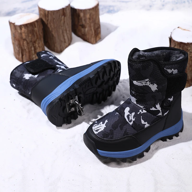 Boys Camouflage Winter Snow Boots Waterproof Upper Warm Fleece Lined Mid‑Calf Boots Magic Tape Anti‑Slip Sole Kids Outdoor Cold