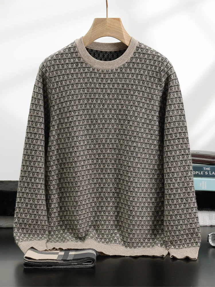 

TLOML Men's 100% Cashmere Sweater O-neck Jacquard Thick Pullover Autumn Winter Comfy Soft Warm Smart Casual Cashmere Knit Tops