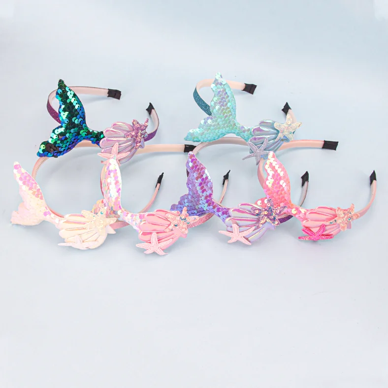 Girls Hairbands Mermaid Headwear Color Sequin Shells Shiny Princess Sweet Children\'s Hair Accessories Photo Prop Party Headbands