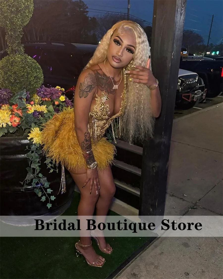 Glitter Gold Diamonds Prom Dress 2024 For Black Girls Bead Crystal Rhinestones Tassels Birthday Party Cocktail Senior Homecoming