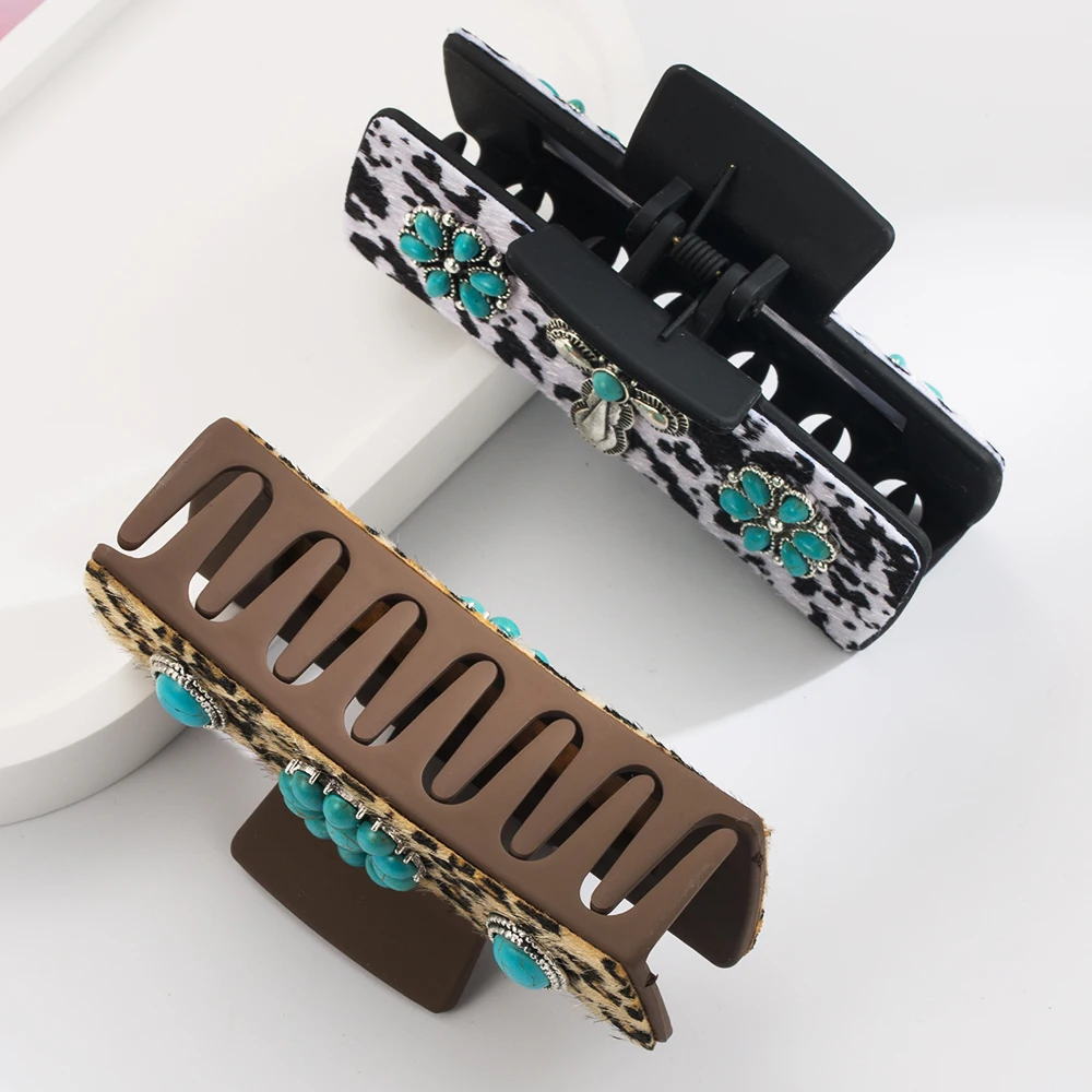 New Leopard Pattern Shark Clip Alloy Turquoise Accessories Retro Leopard Pattern Leather Grab Clip Trendy Hair Accessories