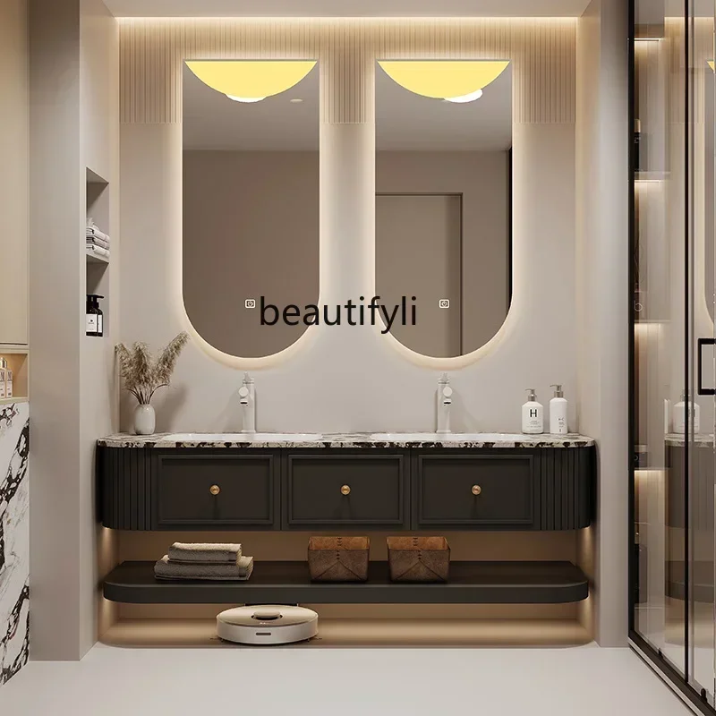 

French cream style bathroom cabinet combination double basin luxury stone light luxury integrated basin washstand