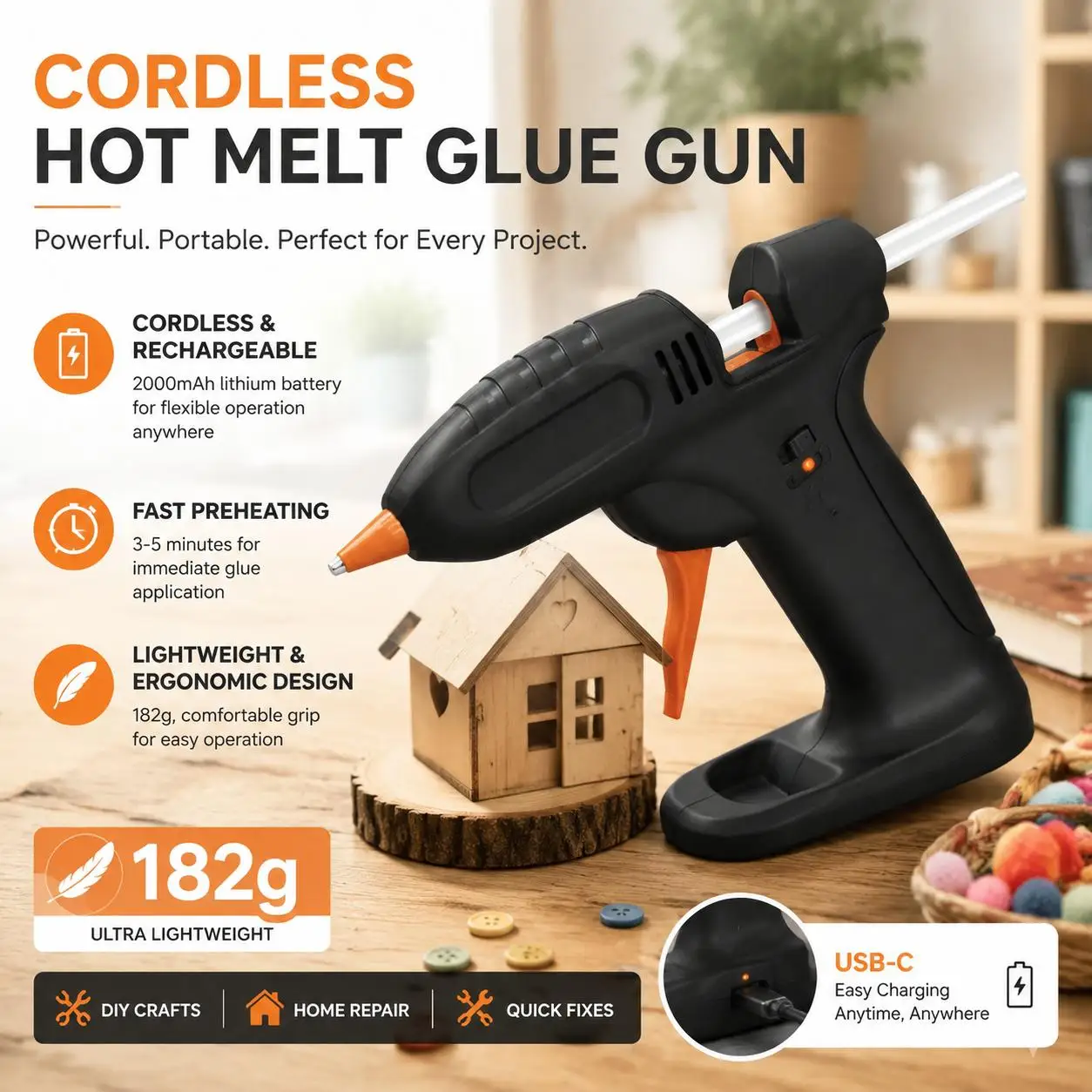 Cordless Hot Melt Glue Gun Rechargeable Lithium Battery Powered Portable Wireless Glue Gun Rapid Heating Smooth Flow Adjustable Temperature for DIY Craft Art Home Repair Wood Plastic Fabric Paper School Projects Office Use