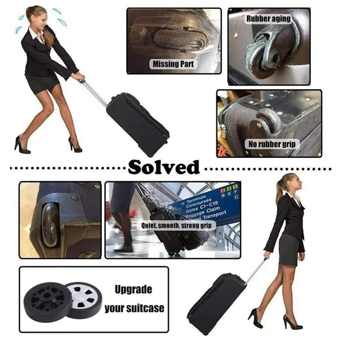 ABQR 55X12mm مجموعة من 2 عجلات بديلة لحقيبة الأمتعة، حقيبة الأمتعة PU عجلات دوارة محامل طقم تصليح