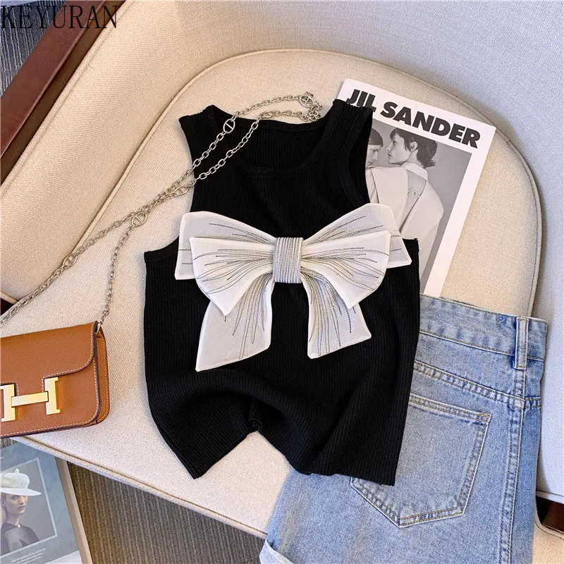 2023 Summer New Bow Knitted Vest Women Pullovers Chic O-neck Black White Sleeveless Pullover Sweater Vest Crop Top Jumper Tee