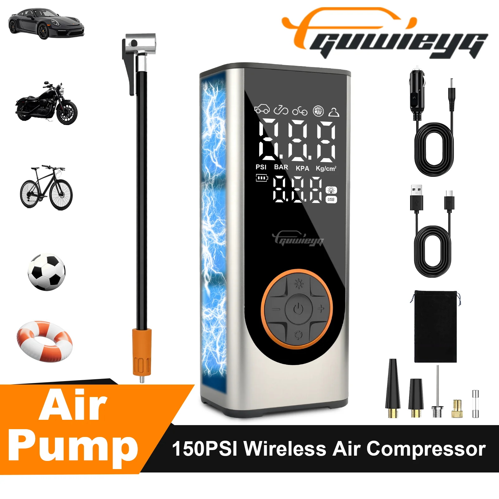 【セール中】GUWIEYG エアポンプ ポータブルエアコンプレッサー - 車、バイク、オートバイ、スポーツボール用 150PSI コードレスタイヤインフレーター - 高速