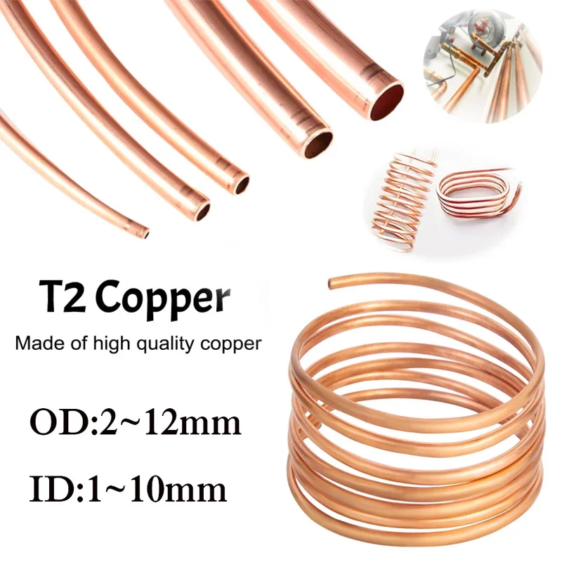 1M Soft Coil Coppers Tube T2 Red Coppers Tubing OD 2/3/4/5/6/8/10/12mm Airs Conditioning Refrigeration Capillary Wire Pipes