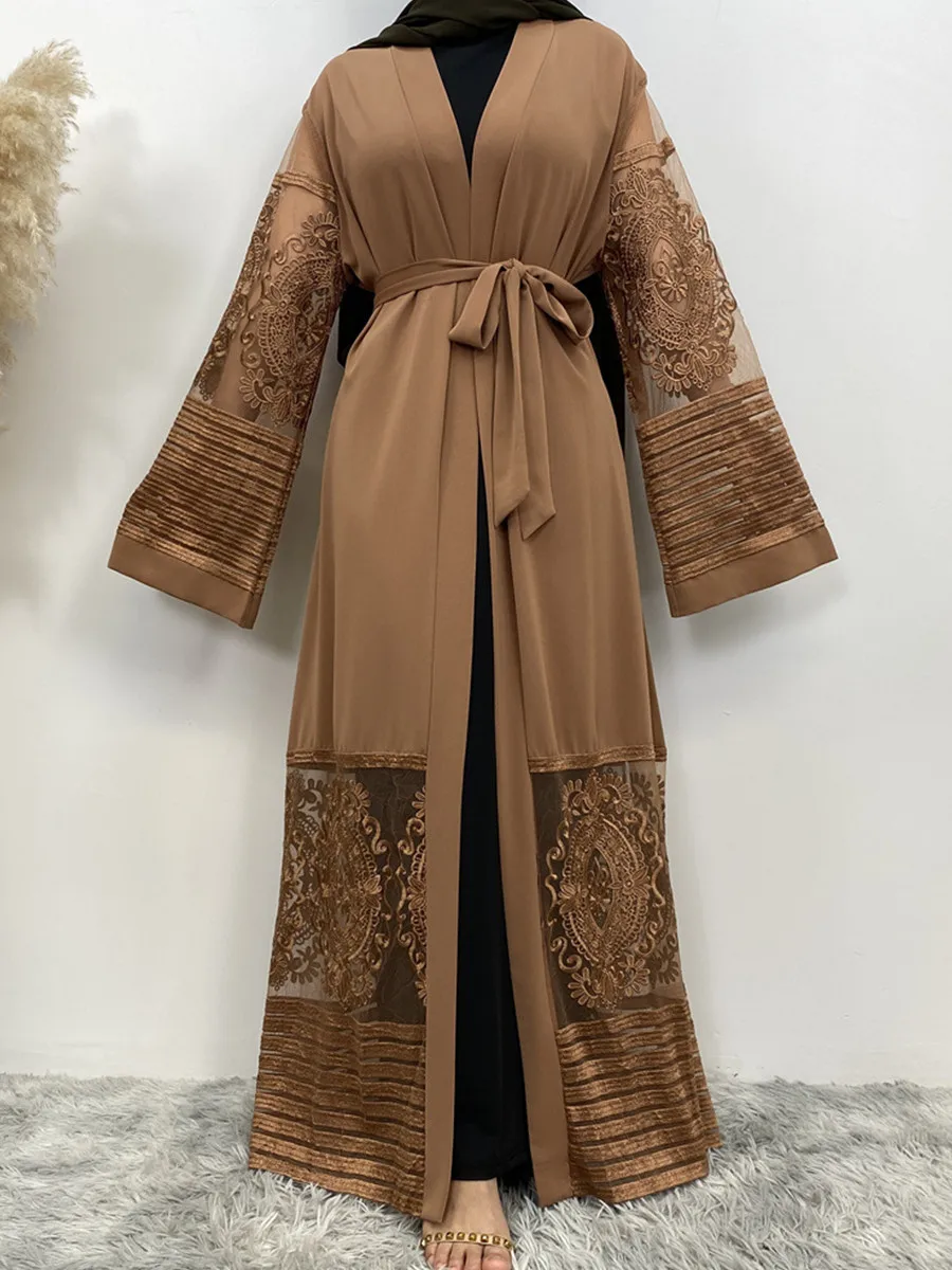 Donne musulmane Dubai Abaya Ricamo etnico Patchwork di pizzo Kimono Cardigan Abito lungo Modesto Ramadan Robe Femme Islam Abbigliamento