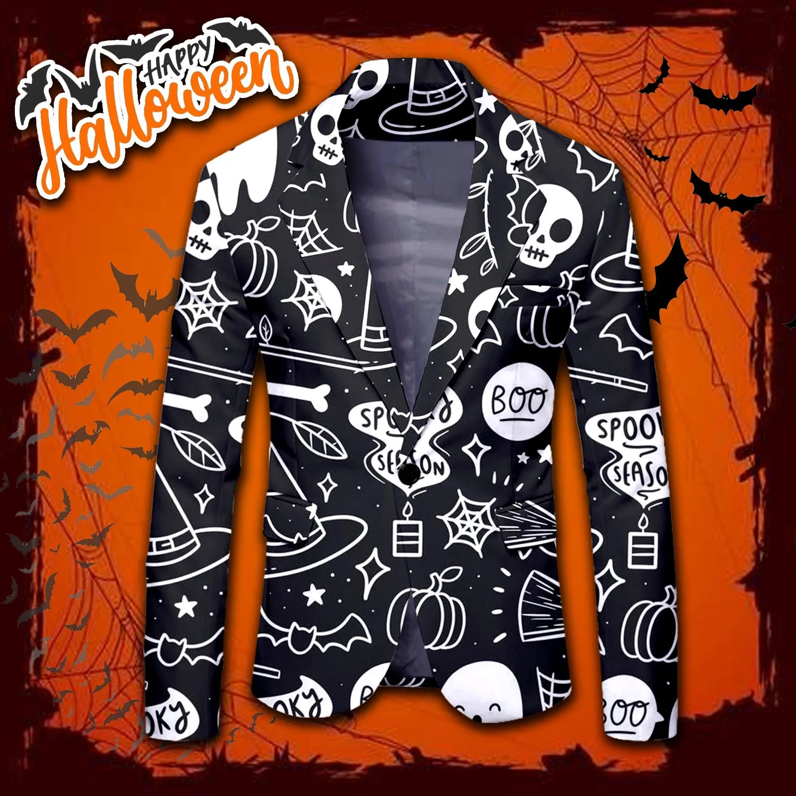 Fashion Halloween Pumpkin Print Suit Autumn Long Sleeve Cosplay Jacket Men Casaul Lapel Neck One Button Blazer with Pocket