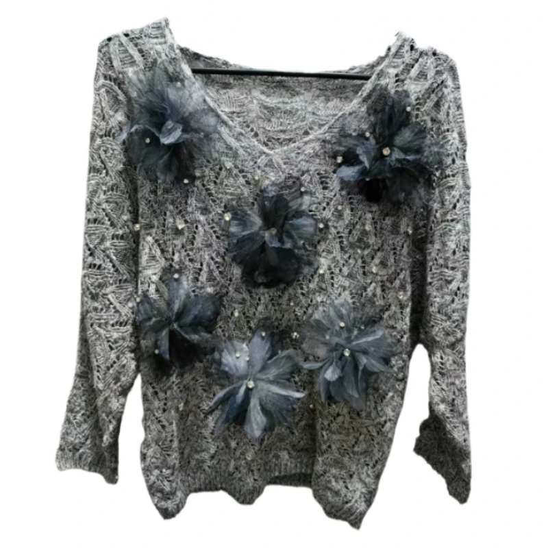 

2024 spring summer Three-dimensional flower sweater hollow out diamonds rhinestone knitted pullover top for women