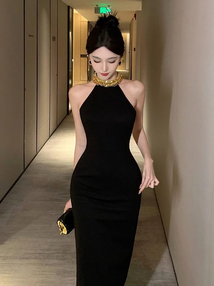 

Элегантное облегающее платье-бодикон с металлической цепочкой на шее, в стиле бального платья от кутюр, для женщин, в ретро-стиле, средней длины, без рукавов.