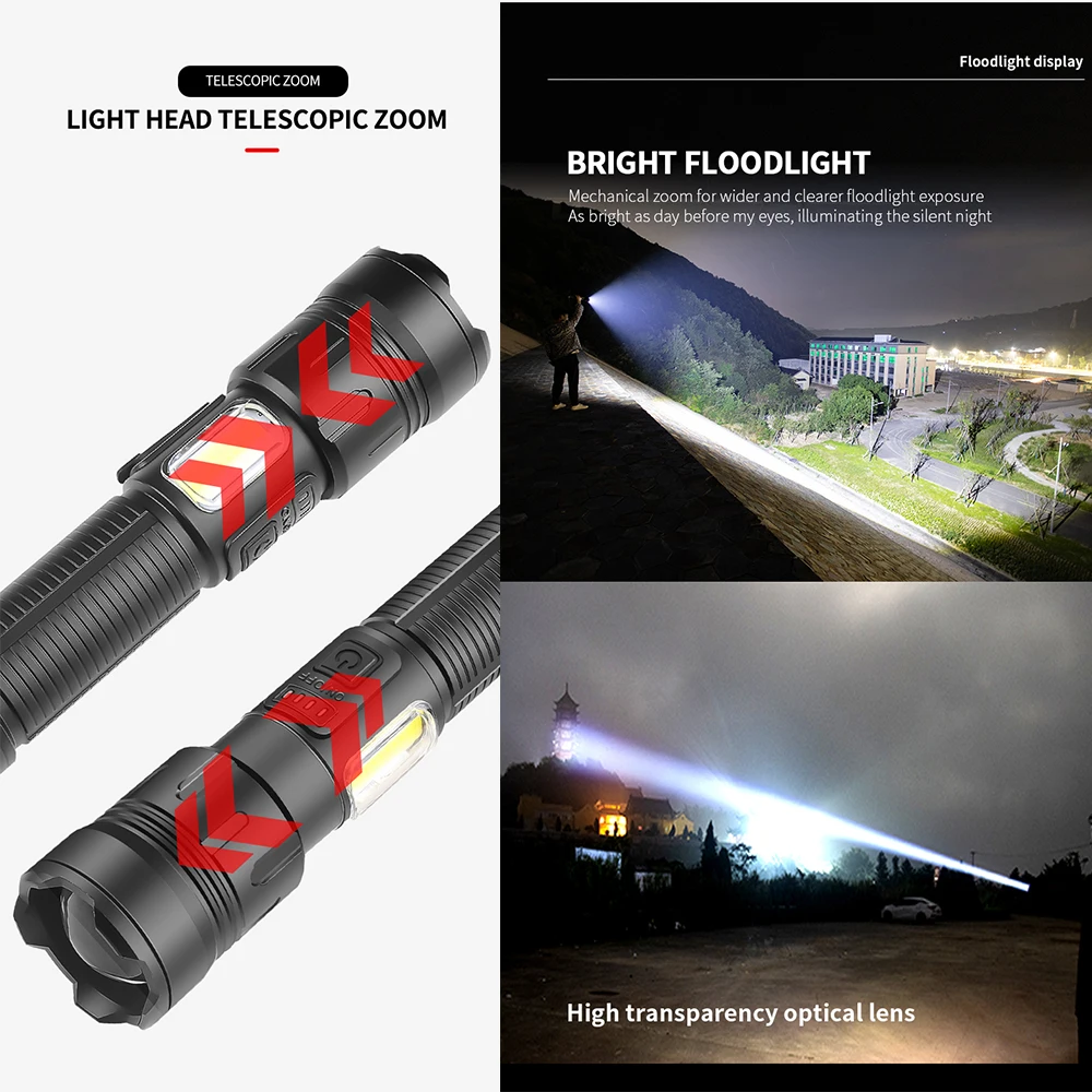 High Power LED Flashlights USB Rechargeable Lamp With COB Side Lights Torch Built in 18650 Battery Self Defense Work Lanterna