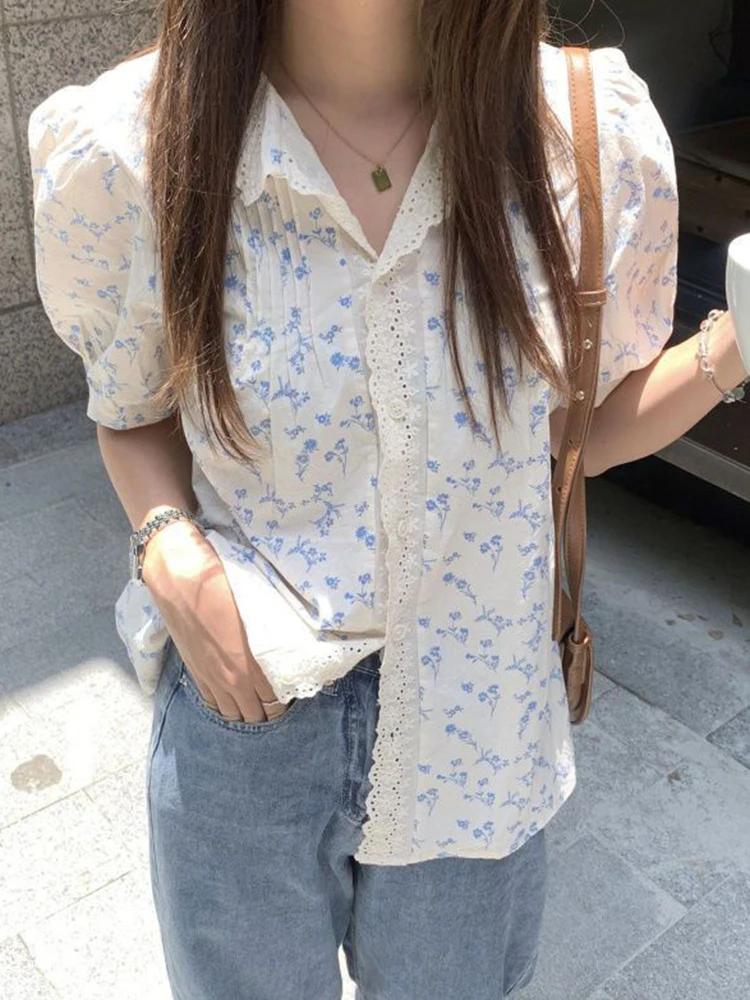 

Zoki Lace Patchwork Floral Shirt Women Sweet Cute Short Sleeve Summer Blouse Korean Vintage Preppy Style Loose Lady Elegant Tops