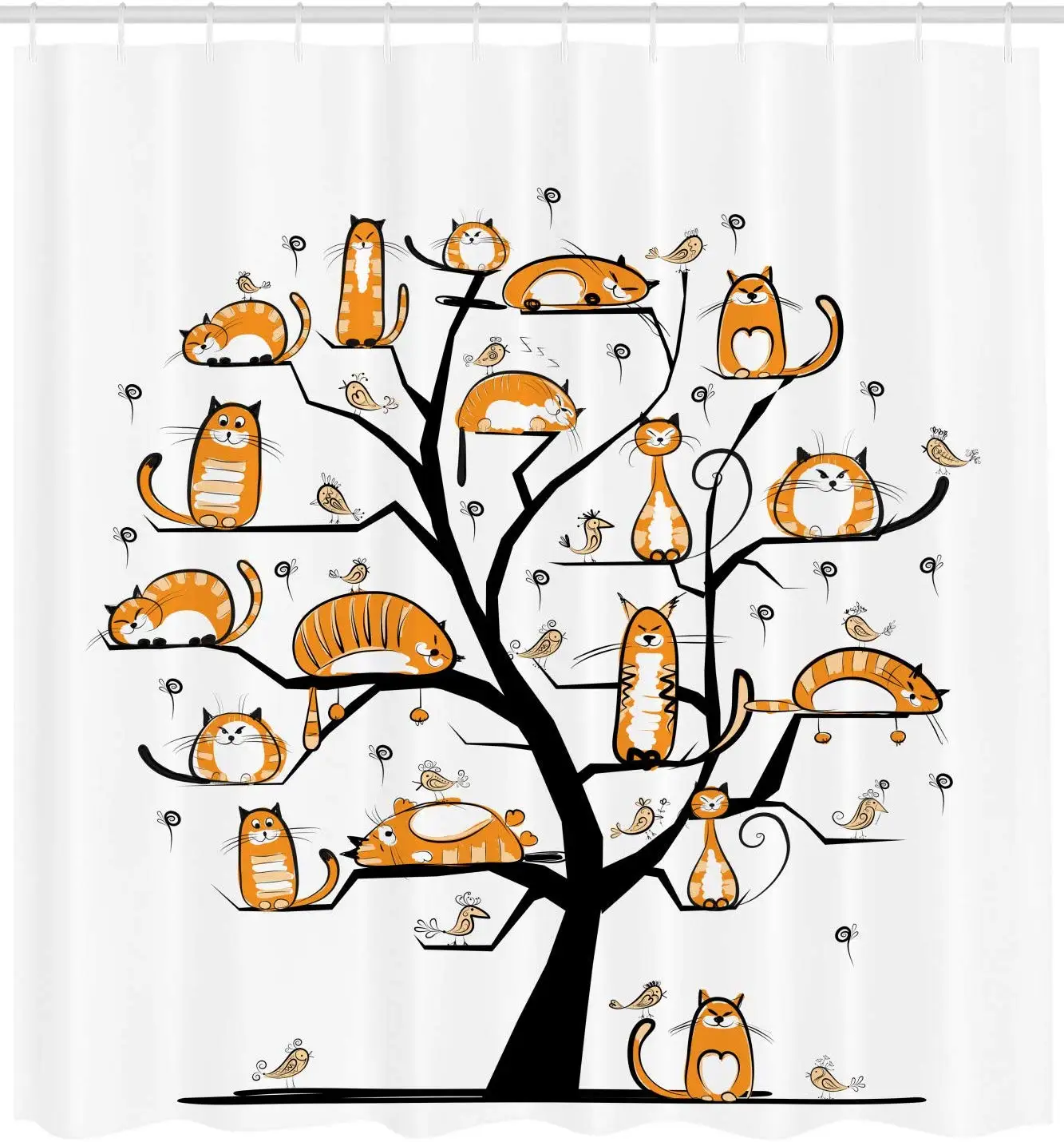 Cat Family Tree With Birds Crowd Fluffy Nature Purebred Creative Humorous Funny Art Bathroom Shower Curtain