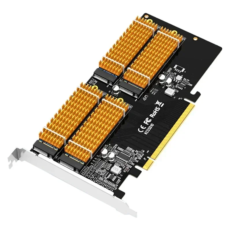 PCIE 3.0 X16 Adapter Card M.2 NVMe 4 Port M KEY SSD Solid State Drive Array Cooling Expansion Riser Card Pci-e To M2 128g/s
