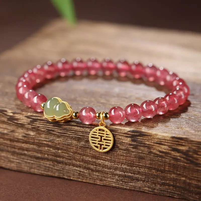 Chinese Style Lucky Hetian Jade Gourd 925 Sterling Silver 6mm Strawberry Quartz Garnet Beaded Bracelet For Women Good Luck Bless