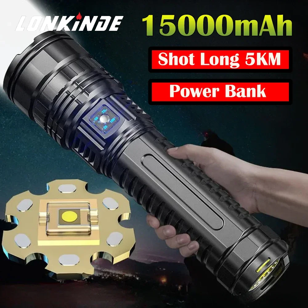 

Shot Throw 5KM Built-in 15000mah Battery Flash Light Emergency Spotlights 10000LM 800W Most Powerful Led Flashlights Tactical