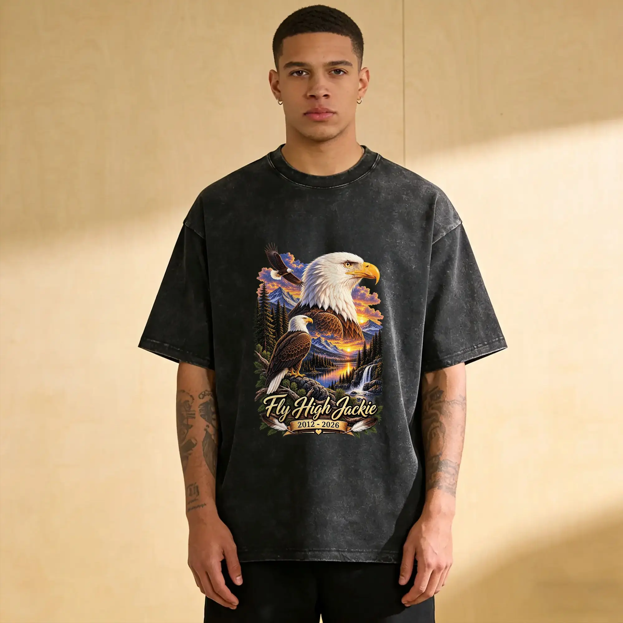 Men T-Shirt Fly High Jackie, Jackie and Shadow Bald Eagle Washed T Shirts Fashion  Summer Tees  Retro Simple Cotton Clothes Gift