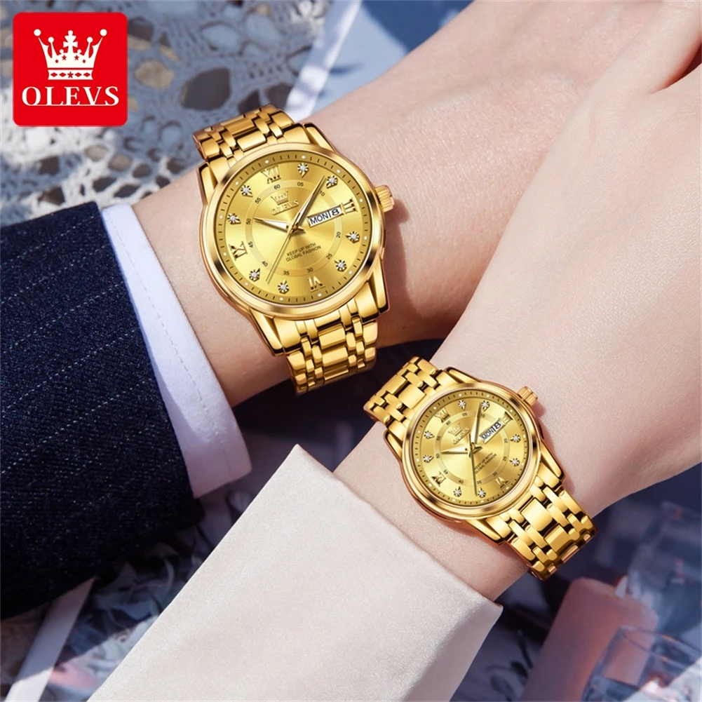 OLEVS-Montre-bracelet en acier inoxydable pour hommes et femmes, montres de couple de luxe, diamant, or, quartz, amoureux, étanche, calendrier, ensembles de montres, 5513