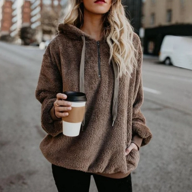 Womens Autumn Winter Hoodies Fuzzy Sweatshirt 1/4 Zip Up Plush Pullover Tops Cozy Oversized Fluffy Coat with Pockets