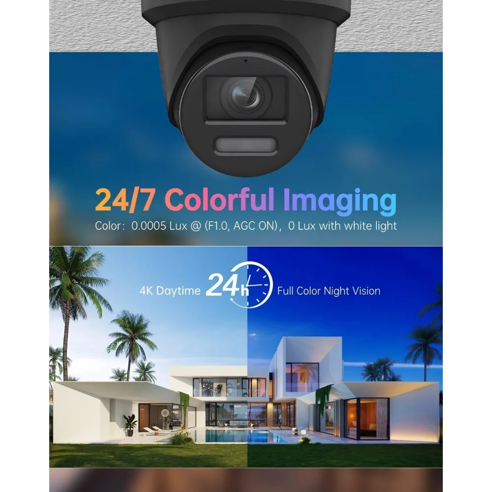 كاميرا IP ببرج 8 ميجابكسل 4K مع تصوير ملون 24/7، ضوء إحترافي وتحذير مسموع، كشف الإنسان/المركبات، صوت ثنائي الاتجاه