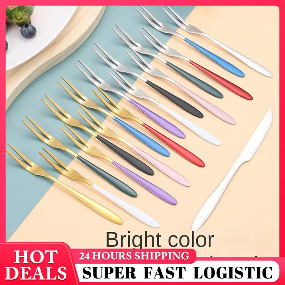 Childrens Small Fork 304 Stainless Steel Ins Wind Fruit Sher Tableware Fruit Fork Gold Cute Fruit Stick Two Toothed Fork