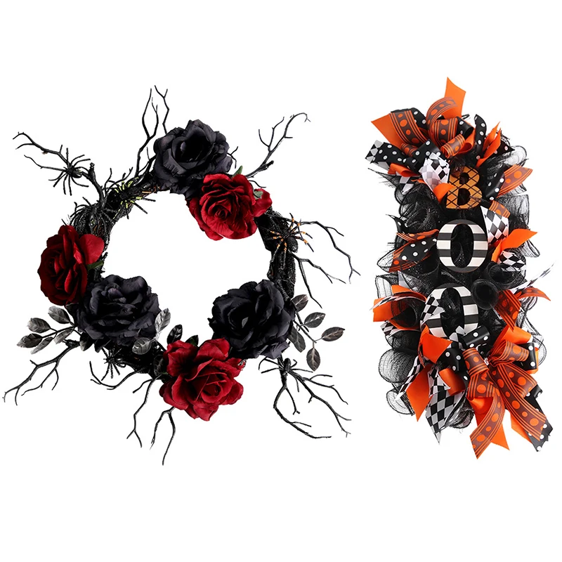 

Halloween Themed Wreath Halloween Decorations For Home Garland Flower Gauze Ribbon Halloween Party Wall Door Pendant