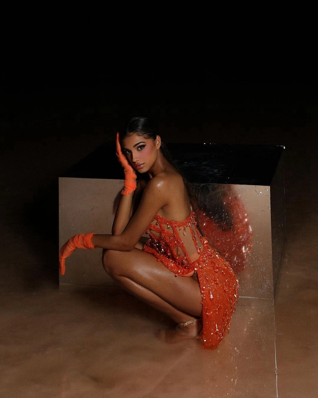 Laranja lantejoulas rendas mini vestidos de cocktail sem alças borla cristais curto vestidos de festa de baile ver através do brilho vestido de baile