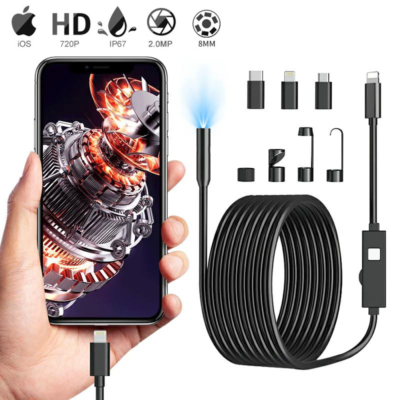 HD1080P Endoscope Inspection Camera Video Camera for iOS Android System Dual Lens IP67 Car Sewer Pipeline Borescope 8Leds