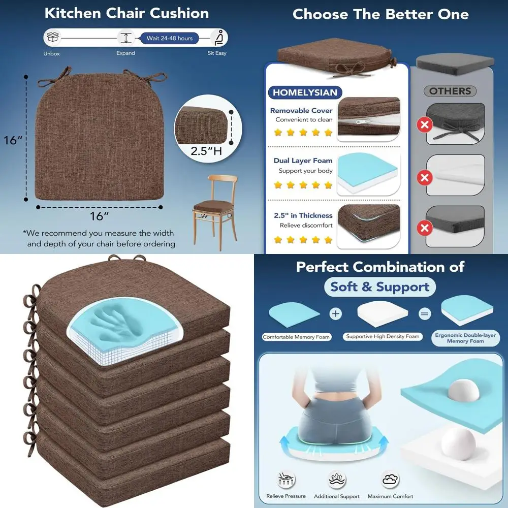 

Chair Cushions for Dining Chairs, Non Slip Chair Pads with Ties and Washable Covers, Memory Foam Kitchen Chair Cushions Set of 6