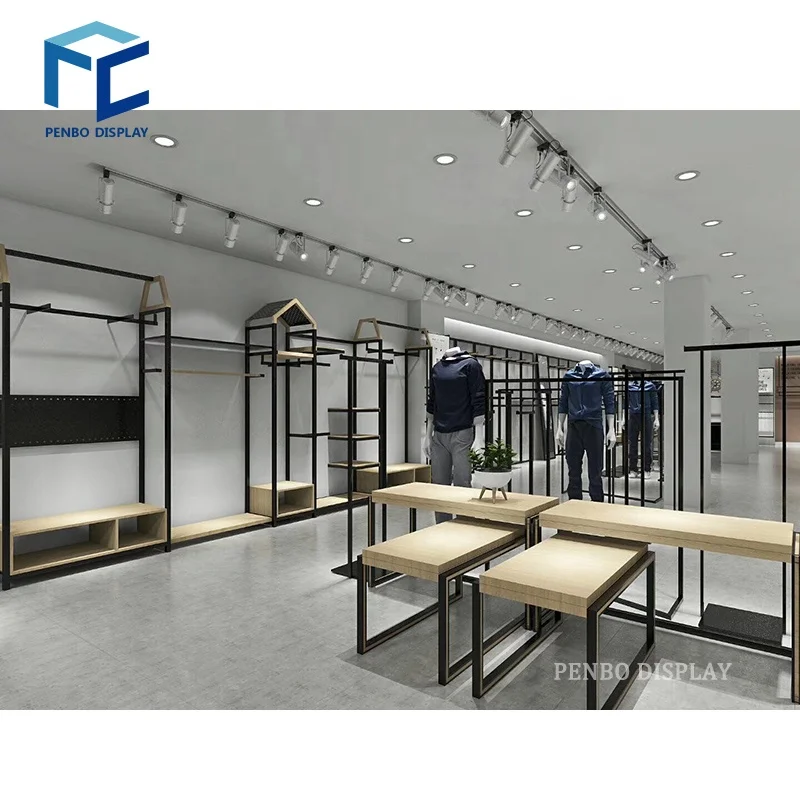 custom.PENBO High End Boutique Furniture Wooden Clothing Store Display Rack Man Dress Garment Clothing Display Stand