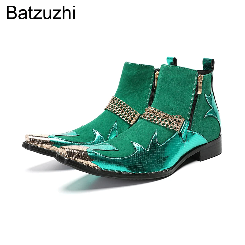 Batzuzhi New Arrival Men's Boots Green Genuine Leather Ankle Boots for Man Rock Low Heels Party and Wedding Shoes Male! US6-12