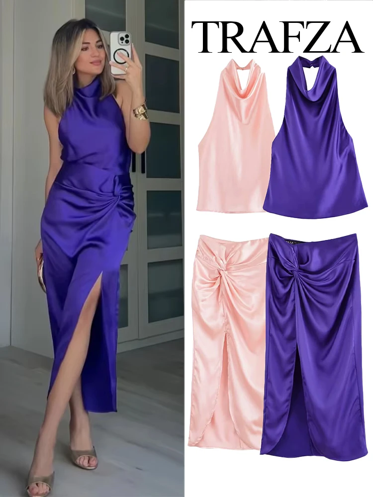 

TRAFZA Women's Set Elegant Hanging Neck Collar Sleeveless Satin Texture Top+Elegant Back Zipper Slit Knot Decorate Midi Skirt