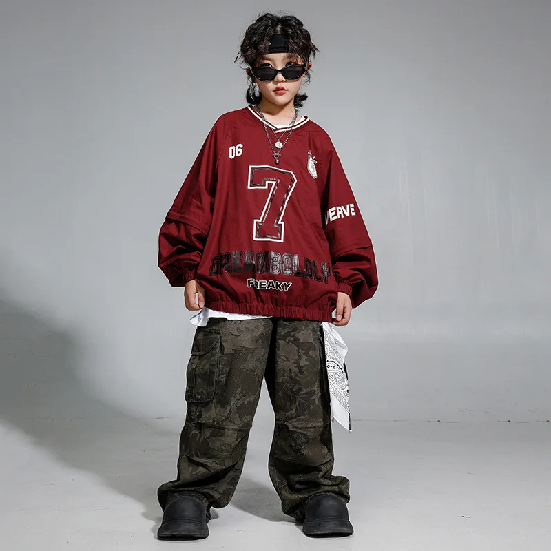 Children Boys Girls Streetwear Hip Hop Loose Sweatshirt Camouflage Cargo Pants Track Suits Sets Kids Performance Clothes Costume