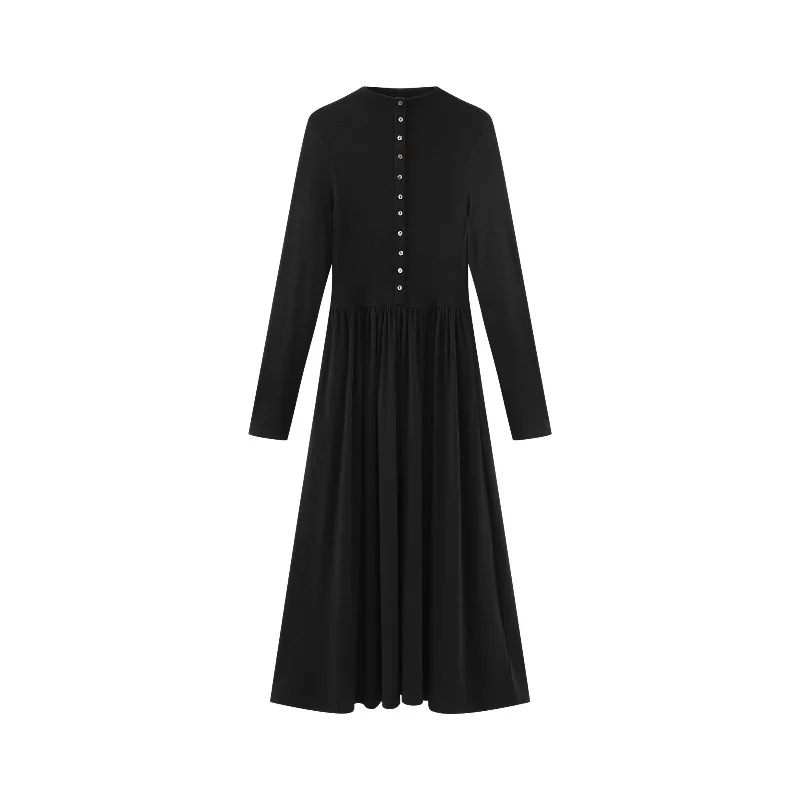Abito elegante in maglia nera Abito slim fit a maniche lunghe con collo alto Autunno Inverno Abito maxi svasato in vita ampia per donna Abito casual