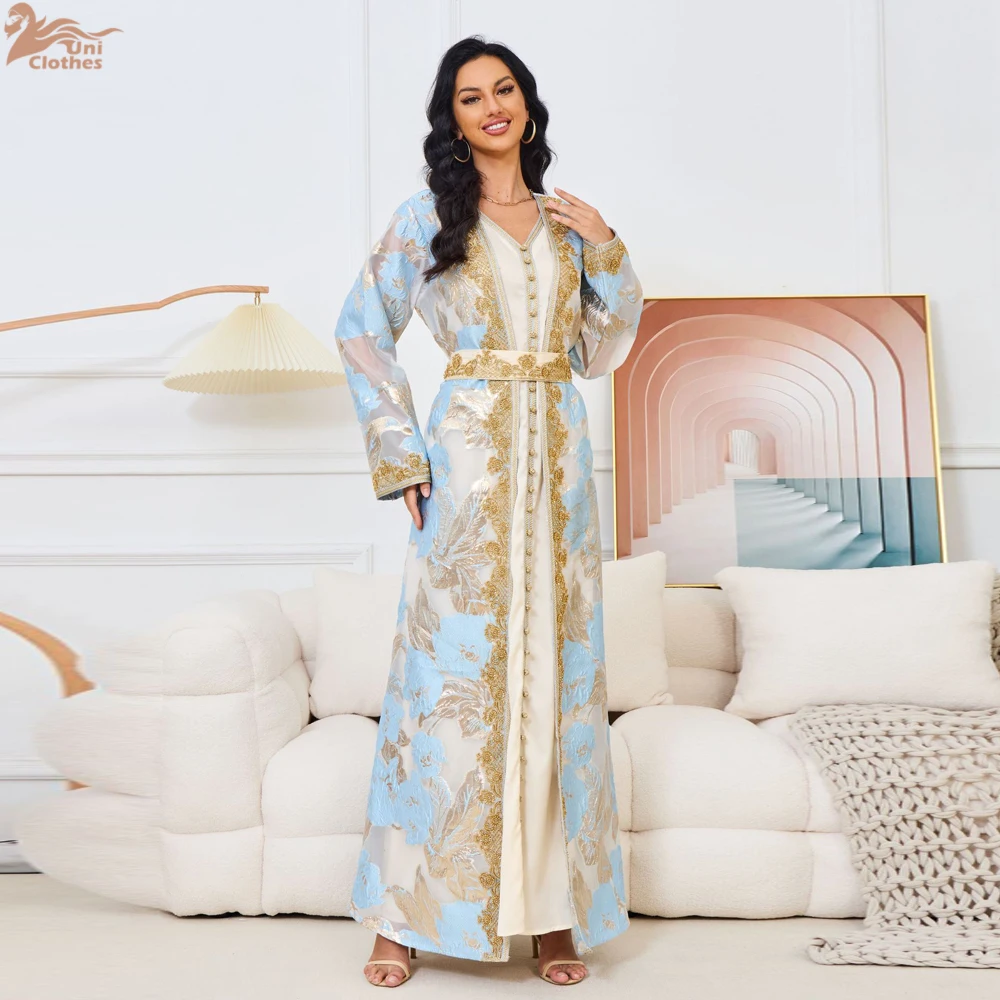 Moroccan Caftan 2 Pieces Set Muslim Dubai Abaya Kaftan For Wedding Women's 2024 New Flower Pattern Museum Long Dress Clothing