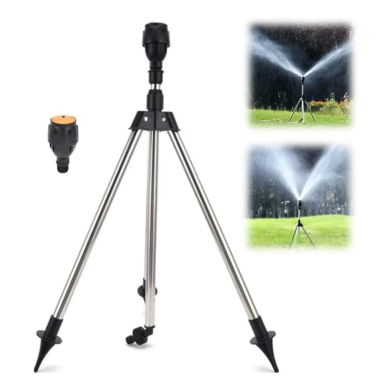 Garden Automatic Rotating Sprinkler Stainless Steel Tripod Irrigation Stand Sprinkler Nozzle 360-Degree Water Jet Garden Lawn